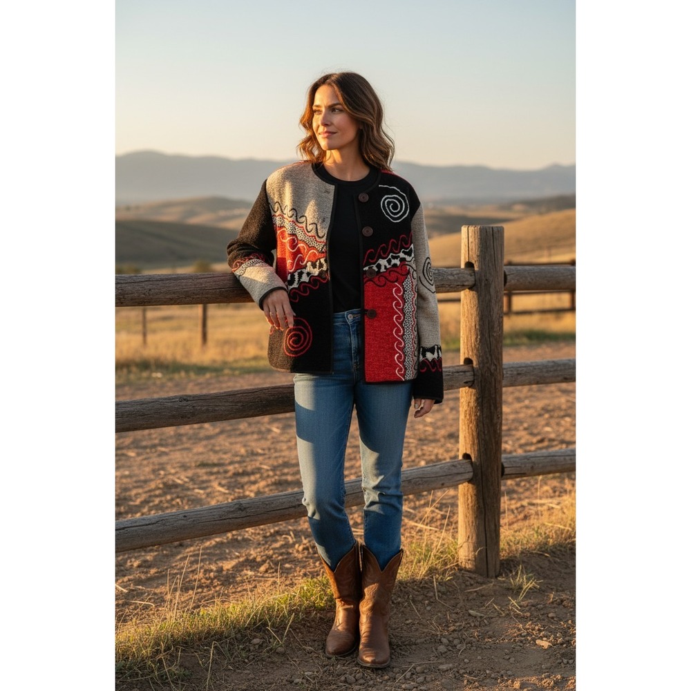 Allure Cardigan Jacket Womens Large Red Black Abstract Chenille Art To Wear L